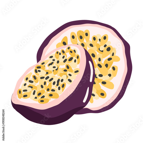 vibrant halved passion fruit. Purple passionfruit with seeds inside. Exotic tropical sweet food. Vector illustration for design of card, banner, flyer, sale, poster
