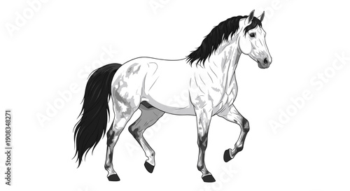 Appaloosa horse with black mane and tail standing on white background