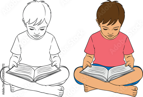 Two young boys deeply engaged in reading, one in line art and the other in color, conveying a love for learning and education