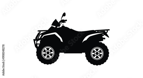 A striking silhouette showcases a black atv highlighting its robust tires and powerful frame against a white backdrop