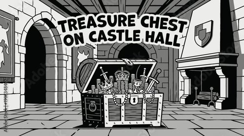 treasure chest filled with gold coins antique jewelry and historic artifacts placed inside medieval castle hall expressing wealth luxury discovery adventure mystery and royal fortune