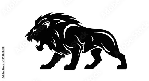 Fierce Black Lion Roaring Silhouette on White Background Majestic Wild Animal