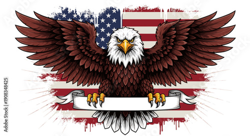 Bald Eagle Spreading Wings Over Distressed American Flag with Empty Banner
