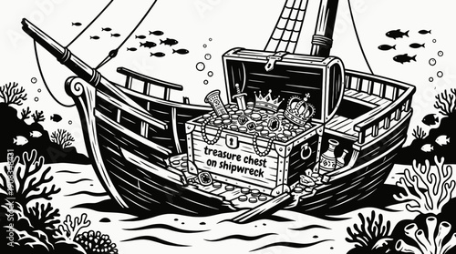 treasure chest overflowing with gold coins antique jewelry and valuable artifacts resting inside underwater shipwreck environment representing wealth luxury discovery adventure mystery pirate fortune