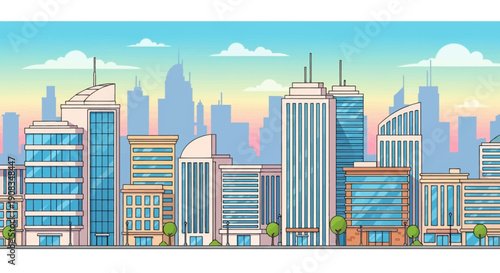 cartoon cityscape with modern buildings soft sky colors simple shapes clean composition wide view calm mood stock illustration