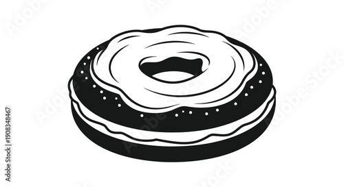 A black and white illustration depicts a single frosted donut with sprinkles presented on a white background