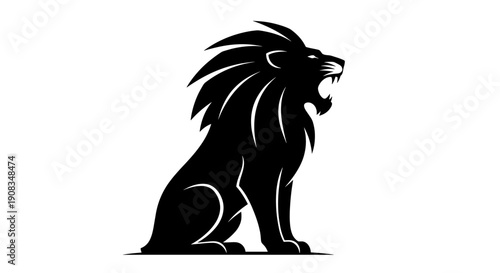 Roaring Black Lion Silhouette Against White Background Majestic Animal Profile