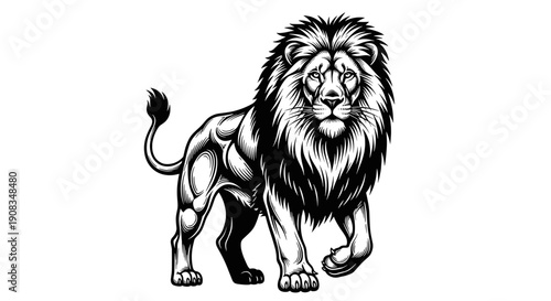 Majestic Lion with Full Mane Walking Isolated on White Background