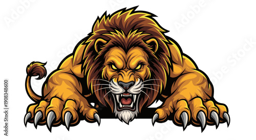 Fierce Lion Prowling Forward with Angry Expression and Sharp Claws on White Background