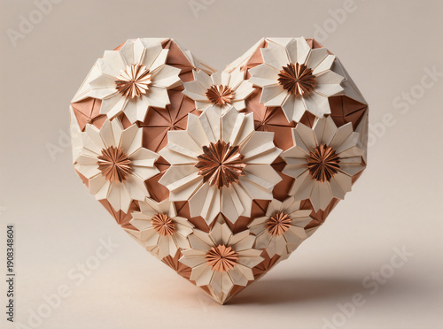 Origami heart with layered white and copper flowers on a soft beige background
