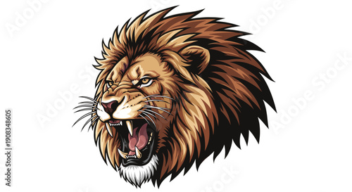 Majestic Lion Head Roaring with Tawny Mane Against White Background