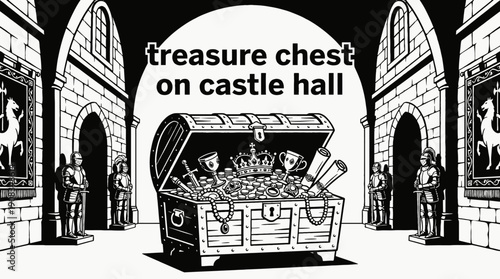 treasure chest filled with gold coins antique jewelry and historic artifacts placed inside medieval castle hall expressing wealth luxury discovery adventure mystery and royal fortune
