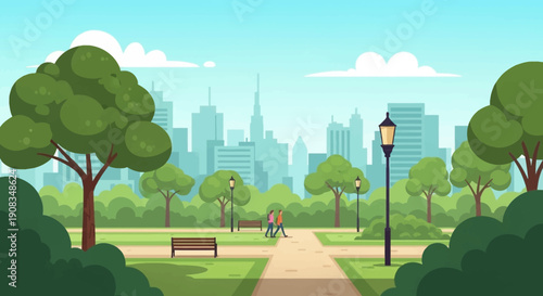 cartoon city park with trees walking paths soft green colors simple shapes calm atmosphere clean background wide view