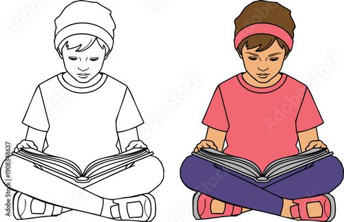Two children deeply engaged in reading, one in color and one in line art, conveying a sense of calm focus and love for learning