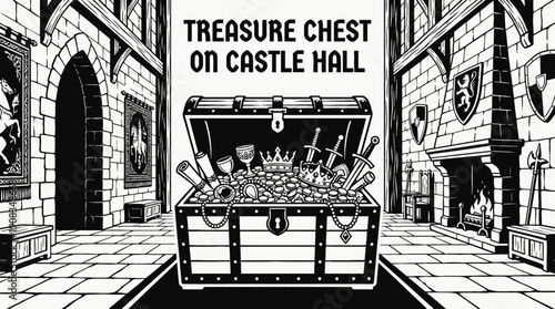 treasure chest filled with gold coins antique jewelry and historic artifacts placed inside medieval castle hall expressing wealth luxury discovery adventure mystery and royal fortune