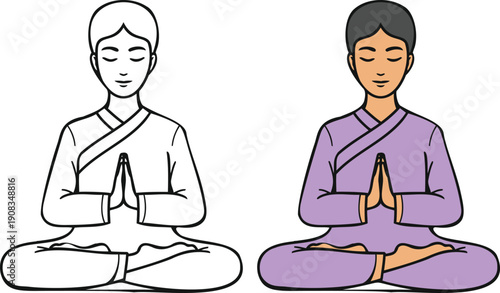 Meditating monks in peaceful poses illustration