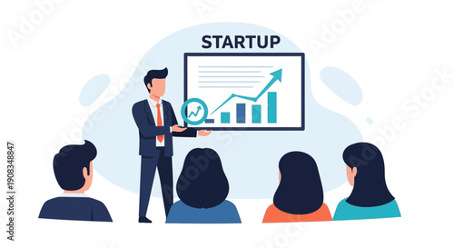 Startup Pitch Presentation Businessman Leading Growth Strategy Meeting with Team