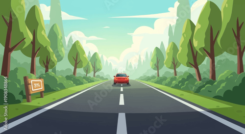 cartoon road through nature soft lighting green surroundings simple shapes calm travel mood clean composition wide view