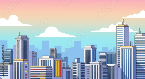 cartoon cityscape with modern buildings soft sky colors simple shapes clean composition wide view calm mood stock illustration