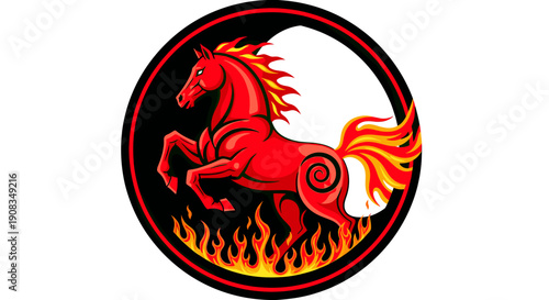 Fiery Red Horse Rearing Up in Circle Yin Yang Symbol with Flames