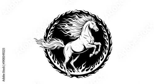 Black Silhouette of a Horse Rearing Up in Fiery Circle on White Background