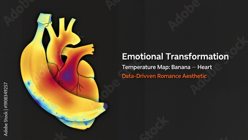 Colorful illustration of a heart and banana using a temperature map with a black background