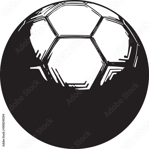 A black and white illustration of a classic soccer ball with a hexagonal pattern