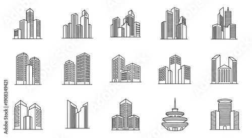 A collection of 15 minimalist line art illustrations depicting various modern city buildings, skyscrapers, and urban architectural structures in a grid layout.