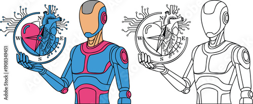 Robot holding compass with heart center in futuristic design