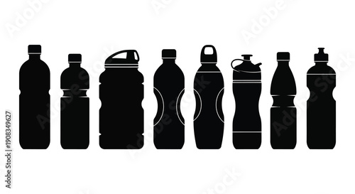 A collection of various water bottle silhouettes depicted in black against a stark white background high quality professional
