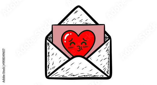 Pixel Art Heart Character Peeking From Open Envelope with Red Letter Background