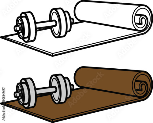 Dumbbells on yoga mats in contrasting colors for fitness