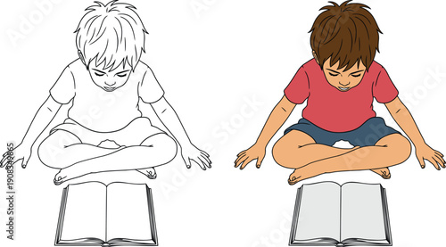 Children sitting on books in lotus position, reading and learning with focus