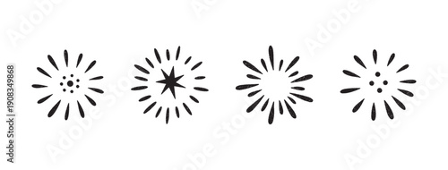 Firework doodles and festive hand drawn firecrackers set. Minimal sketch style celebration icons with stars, sparkles, explosive bursts. For birthday, carnival, holiday events. Vector illustration