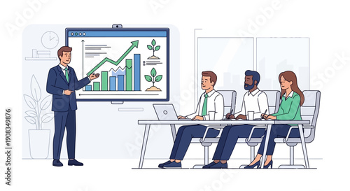 Business Team Attending Green Growth Strategy Presentation with Rising Graph and Plant Icons