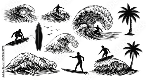 Vintage Surfing Illustrations with Palm Trees and Ocean Waves Black and White Sketch Style