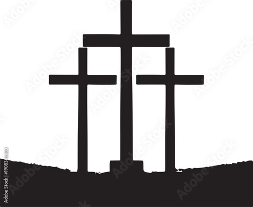 Three crosses on a hilltop against a clear sky, symbolizing faith and spirituality
