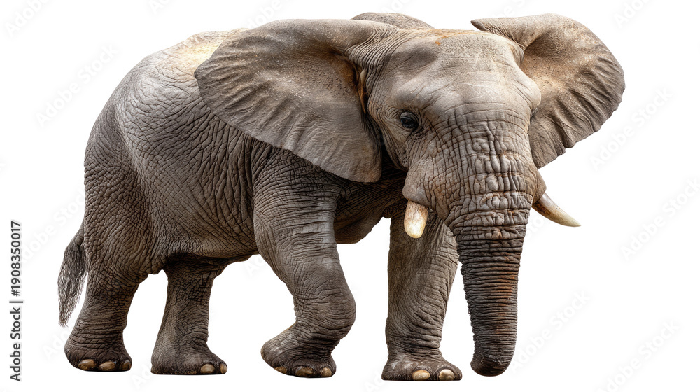 Obraz premium Majestic Elephant: A solitary elephant, captured in a moment of poised movement, showcasing its imposing stature, textured skin, and graceful tusks.