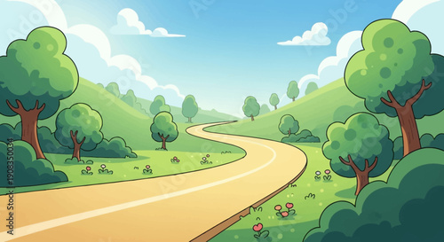 cartoon road through nature soft lighting green surroundings simple shapes calm travel mood clean composition wide view