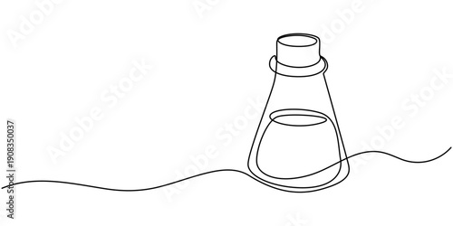Lab experiment tools in continuous single one line art drawing. Minimalist glassware for laboratory research.