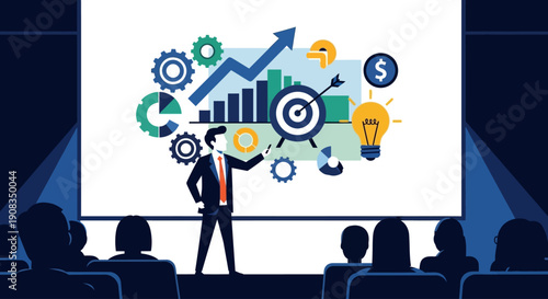 Business Strategist Presenting Growth Chart Target Achievement and Innovation Ideas to Audience