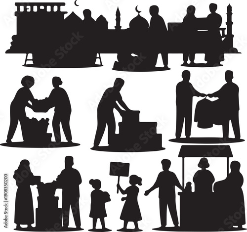 Silhouettes of people engaging in various activities and interactions