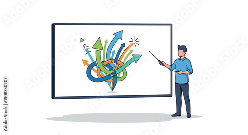 Business Manager Explaining Complex Problem Solving and Strategy on Whiteboard