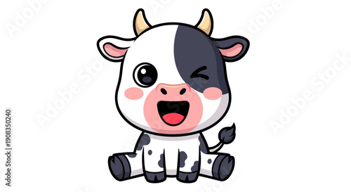 Kawaii cartoon cow with black spots and wide smile winking on white background