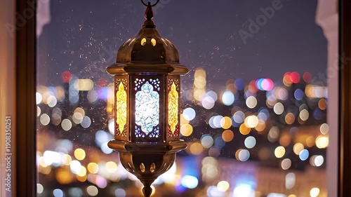 Ornate Hanging Lantern Over Blurred City Lights.
