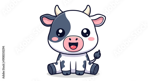 Cute Pixel Art Baby Cow Sitting With Black Spots White Body Pink Cheeks Happy Expression