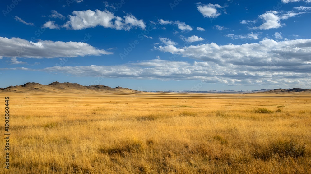 Fototapeta premium Vast Golden Grassland Under a Dramatic Blue Sky with Clouds.