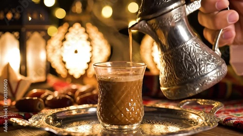 Pouring Turkish Coffee Into Glass During Cozy Night Scene.