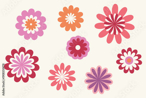 Flower shapes isolated icon elements, clipart set. Hand drawn doodle cartoon style design collection. Cute floral web project decor bundle. Pink red purple shade colours. Modern vector illustration
