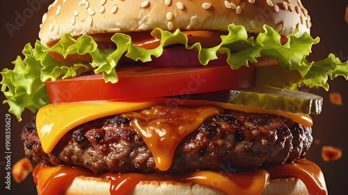 Juicy Cheeseburger With Fresh Lettuce Tomato And Cheese In Action.